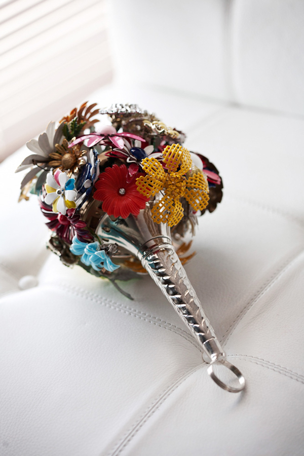 brooch bouquet with assorted colors - vintage LA wedding at The Smog Shoppe photo by top Orange County wedding photographer Duke Images